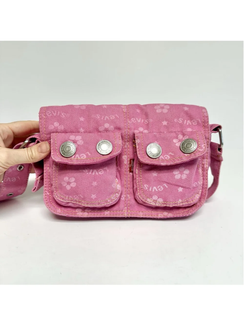 Vintage Levis Pink Denim Utility Shoulder Bag Y2K Cargo Purse Floral Print